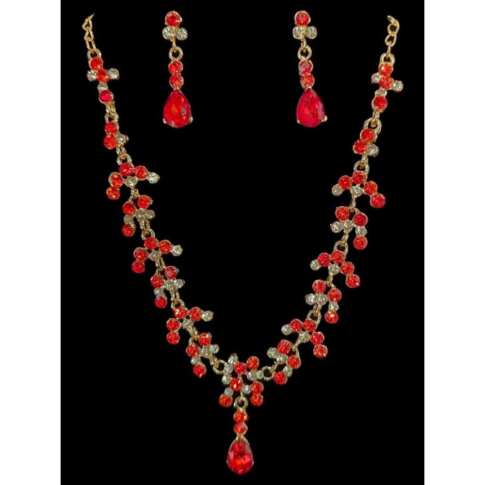 Red Crystal Necklace and Drop Earring Set